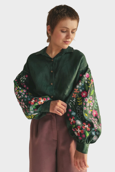 Жіноча сорочка Vyshyta з польовими квітами лляна S Зелена VSH13013 фото